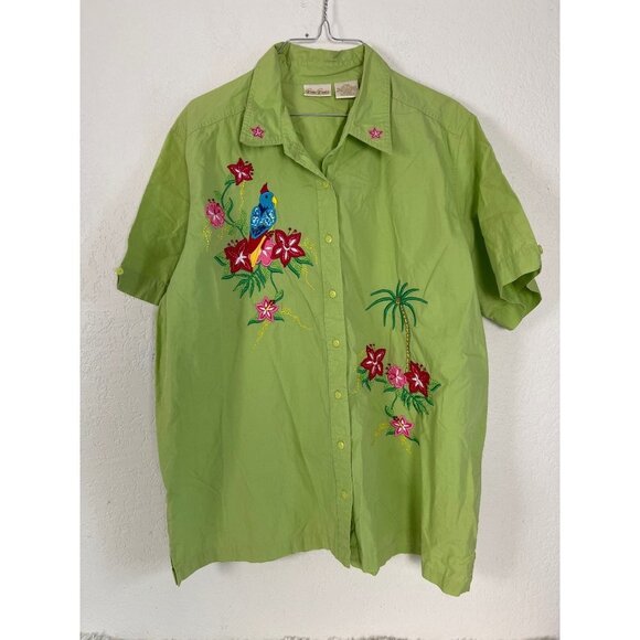 Bobbie Brooks 18W/20W Button Down Shirt Embellished Birds Flowers Palm Trees - Picture 1 of 8